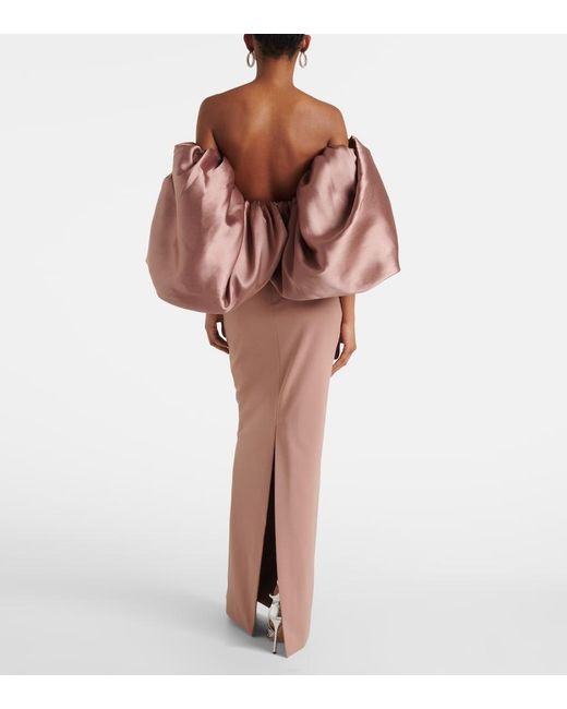 Solace London Pink Floris Satin-Trimmed Off-Shoulder Gown