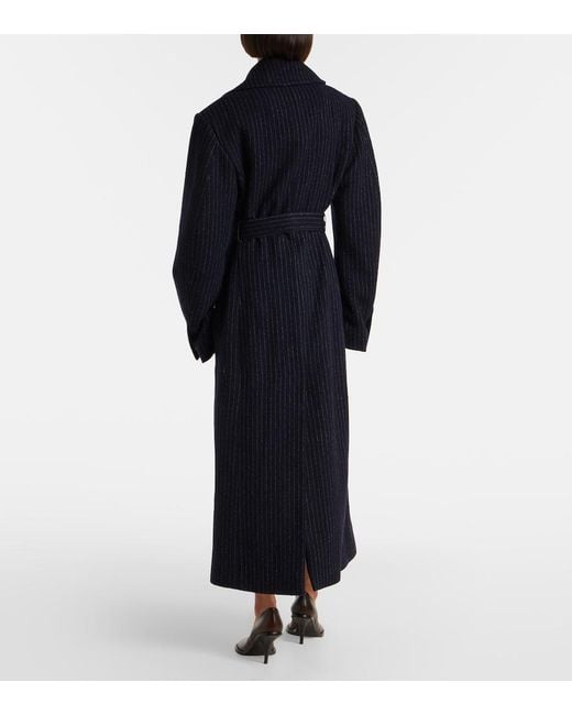 Dries Van Noten Black Belted Pinstriped Wool Coat