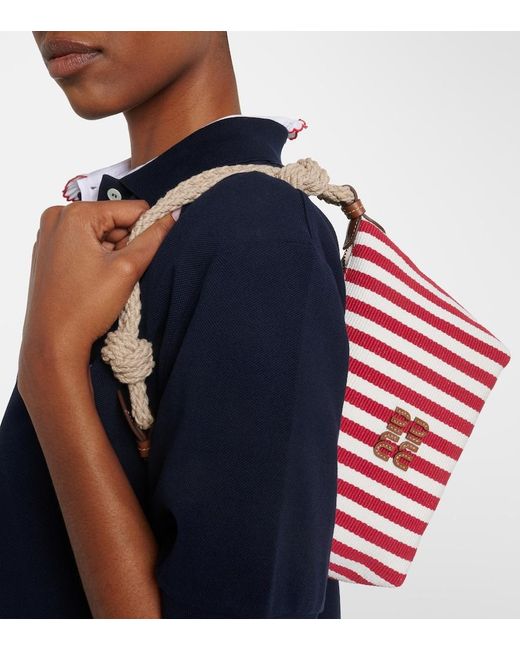 Miu Miu Red Striped Leather-Trimmed Top-Handle Bag