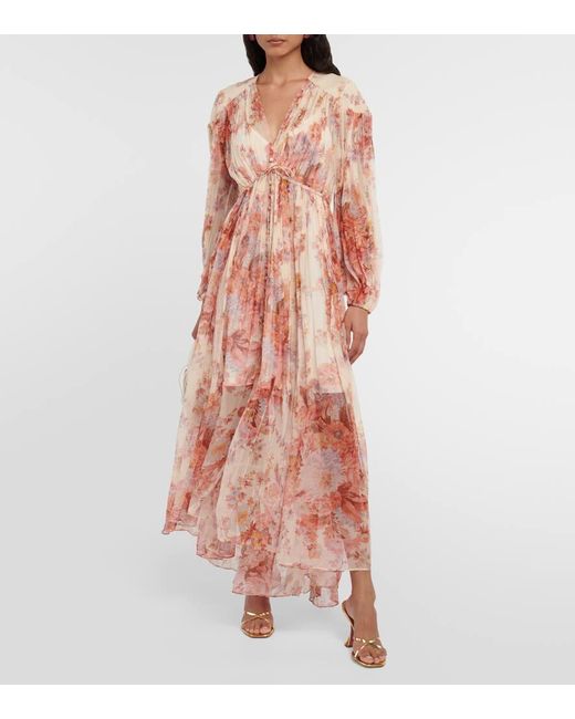 Zimmermann Pink Devi Midikleid Aus Seidenchiffon Mit Blumenprint Und Raffungen