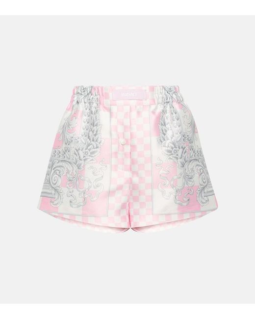 Versace Pink Bedruckte Shorts aus Duchesse-Satin
