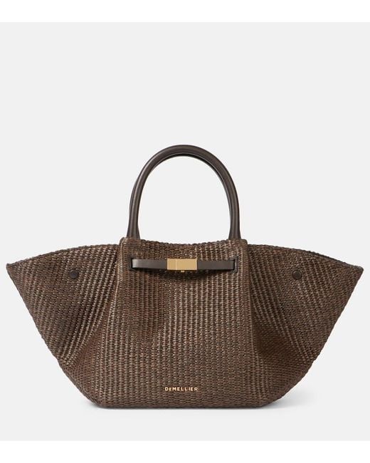 DeMellier London Brown New York Midi Leather-Trimmed Raffia Tote Bag