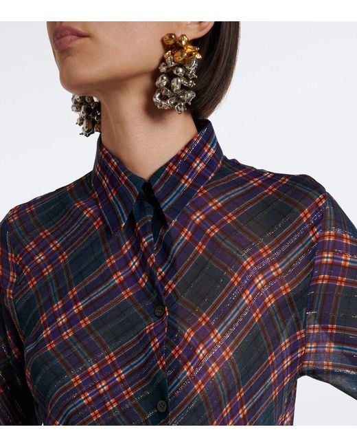 Dries Van Noten Blue Checked Lame Shirt Dress