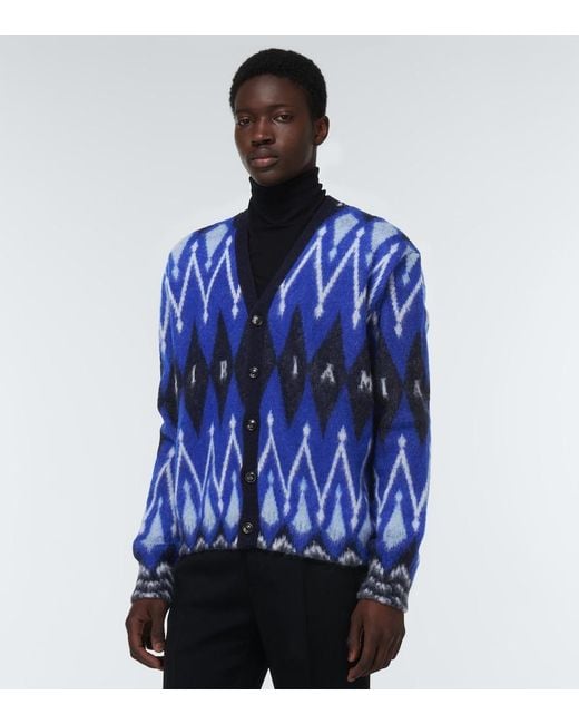 Amiri Blue Argyle Alpaca And Mohair-Blend Cardigan for men