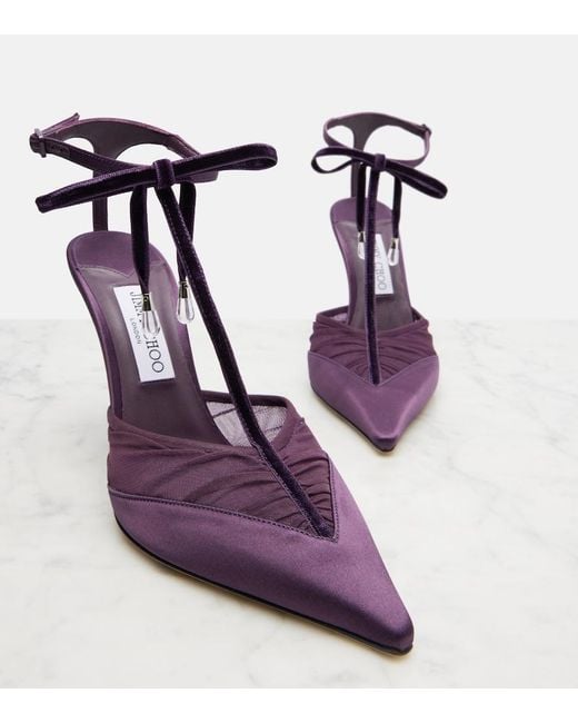 Jimmy Choo Purple Afia 100 Velvet-Trimmed Satin Pumps