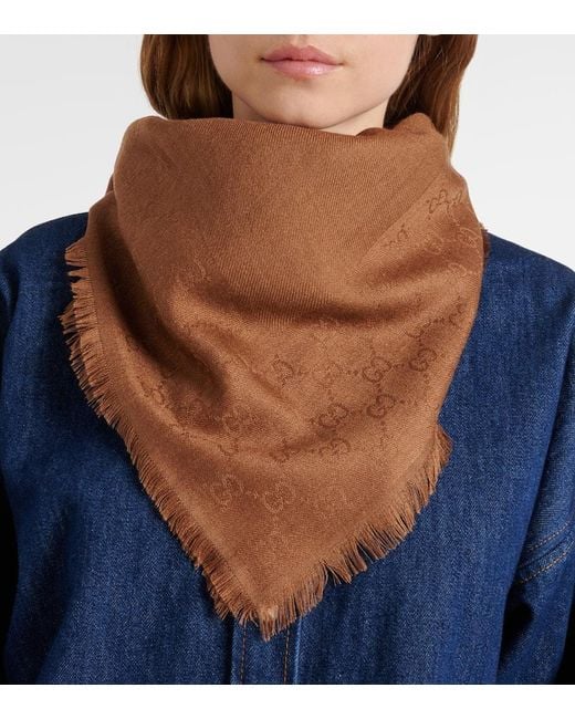 Gucci Brown Gg Wool And Silk Jacquard Scarf