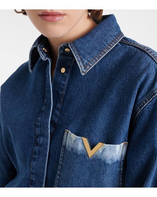 Valentino Blue Vgold Distressed Denim Shirt