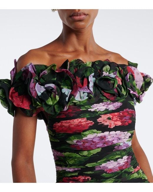 Carolina Herrera Black Floral-Applique Floral Draped Silk Gown
