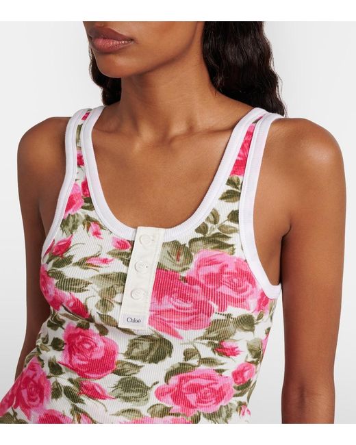 Chloé Pink Floral Ribbed Cotton-Blend Tank Top