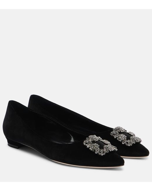 Manolo Blahnik Black Hangisi Embellished Velvet Ballet Flats