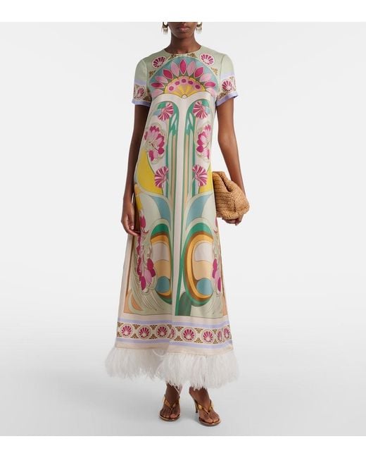 LaDoubleJ White Swing Feather-Trimmed Silk Twill Maxi Dress