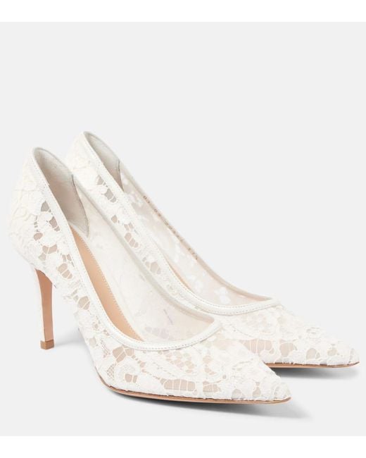 Gianvito Rossi White Lyon 85 Leather-Trimmed Lace Pumps