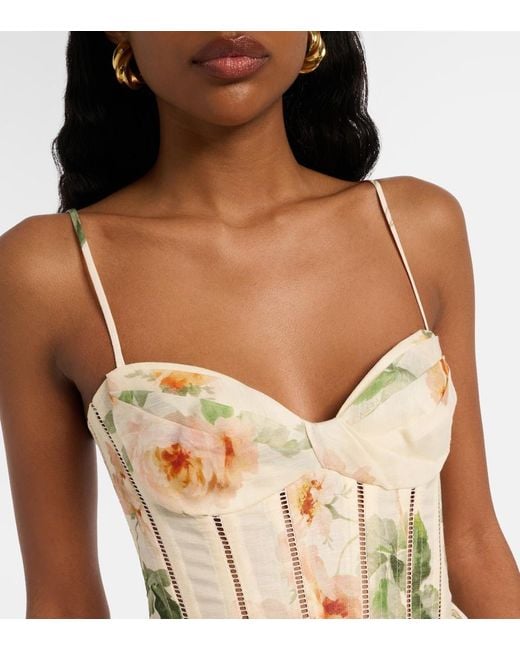 Zimmermann Natural Carousel Floral Silk And Linen Bustier Dress
