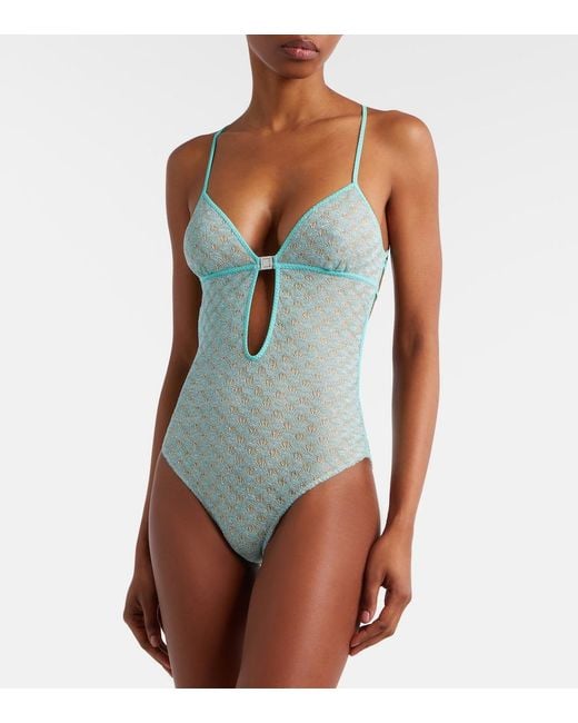 Missoni Green Open-Knit Lame Swimsuit