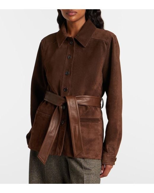 Saint Laurent Brown Belted Shearling-Trimmed Suede Jacket