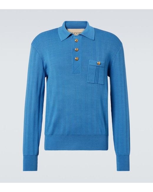 Valentino Blue Ribbed-Knit Cotton Polo Sweater for men