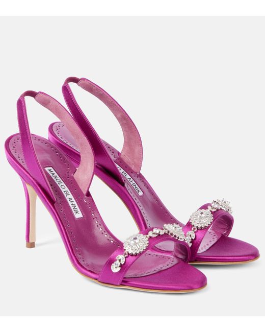 Manolo Blahnik Pink Lamisan Embellished Satin Slingback Sandals