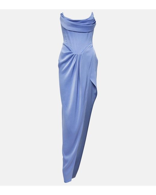 Alex Perry Blue Satin Crepe Draped Bustier Gown