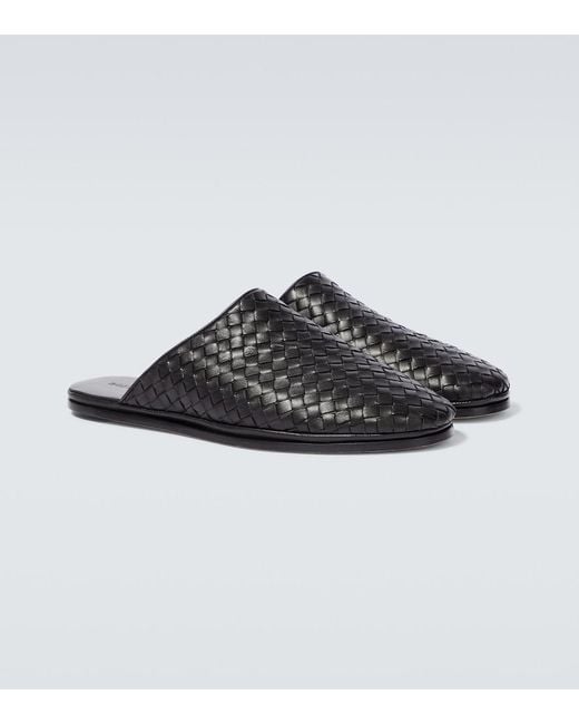 Bottega Veneta Black Intrecciato Leather Slippers for men