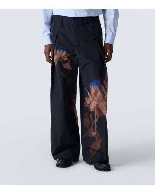 Dries Van Noten Blue Pilan Floral Wool-Blend Taffeta Wide-Leg Pants for men