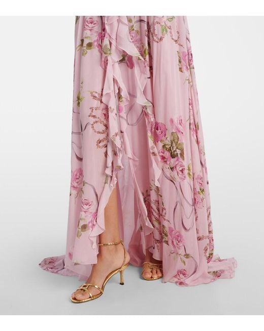 Blumarine Pink Floral Ruffled Georgette Maxi Dress