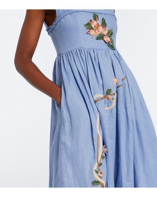 Agua Bendita Blue Barbara Embroidered Linen Maxi Dress