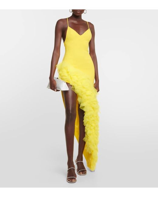 Vestido de crepe de lana con volantes David Koma de color Yellow