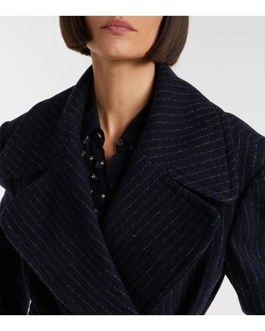 Dries Van Noten Black Belted Pinstriped Wool Coat