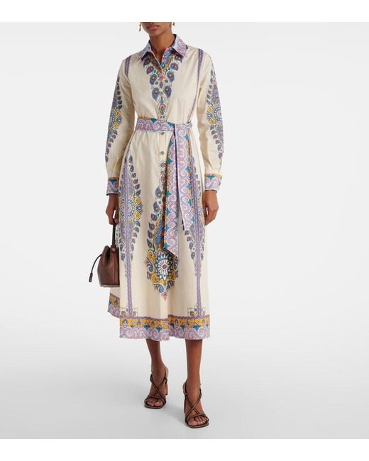 Etro White Cotton Chemise Midi Dress With Paisley Print