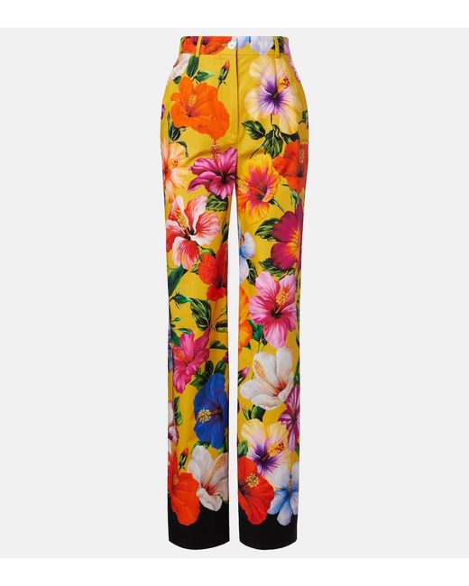 Dolce & Gabbana Orange Floral Cotton Wide-Leg Pants