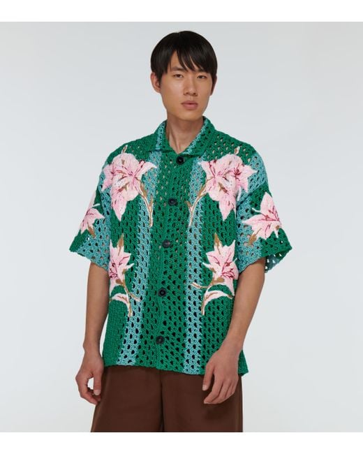 Valentino Floral Crochet Short-sleeved Shirt in Green for Men