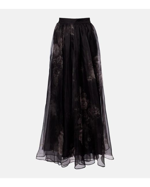 Zimmermann Black Hypnotic Floral Silk Organza Maxi Skirt