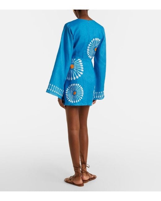 Cala De La Cruz Blue Vera Floral Linen Minidress