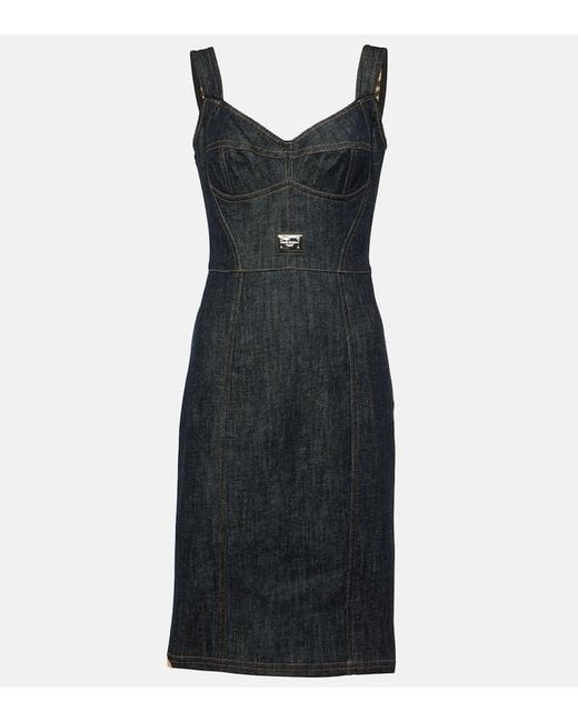 Dolce & Gabbana Black Logo Embroidered Denim Midi Dress