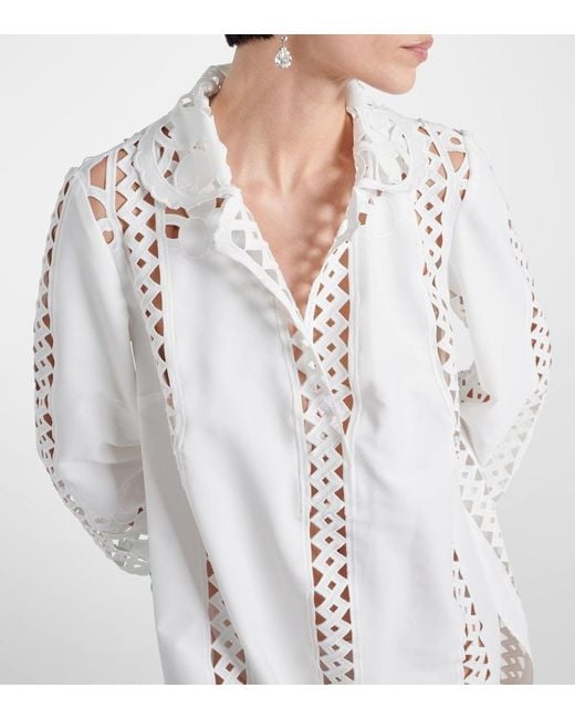 Oscar de la Renta White Floral Trellis Guipure Lace-Trimmed Tunic