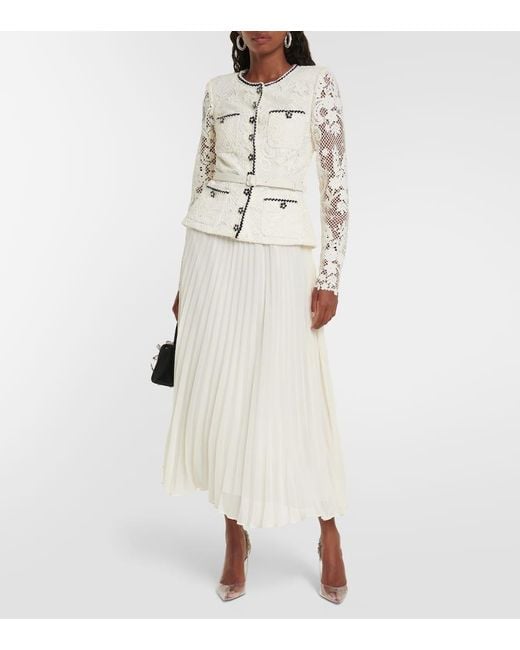 Self-Portrait White Convertible Pleated Georgette And Embellished Corded Lace Midi Dress