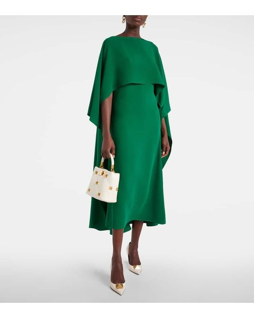 Vestido Midi De Crepe De Seda Con Capa Valentino de color Green