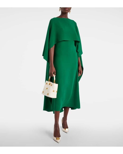 Valentino Green Caped Silk Crepe Midi Dress