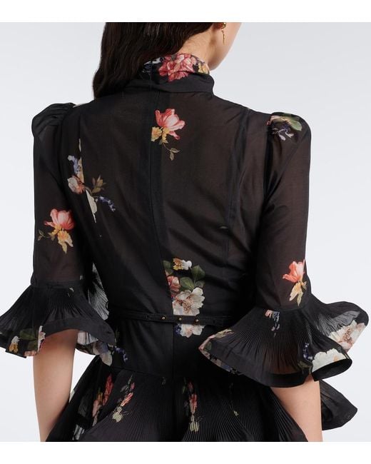 Zimmermann Black Floral Pleated Ruffled Midi Dress