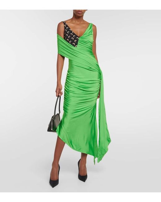 MARINE SERRE Green Printed Ruched Jersey Midi Dress