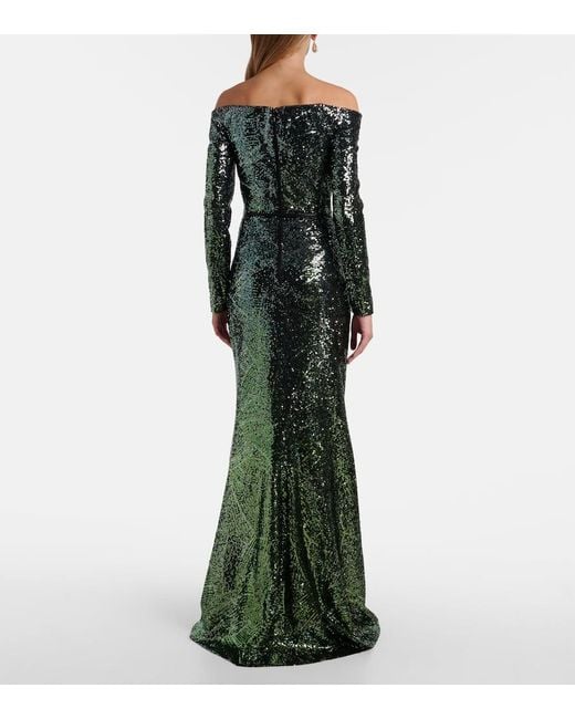 Robe Longue En Soie Melangee A Sequins Elie Saab en coloris Green