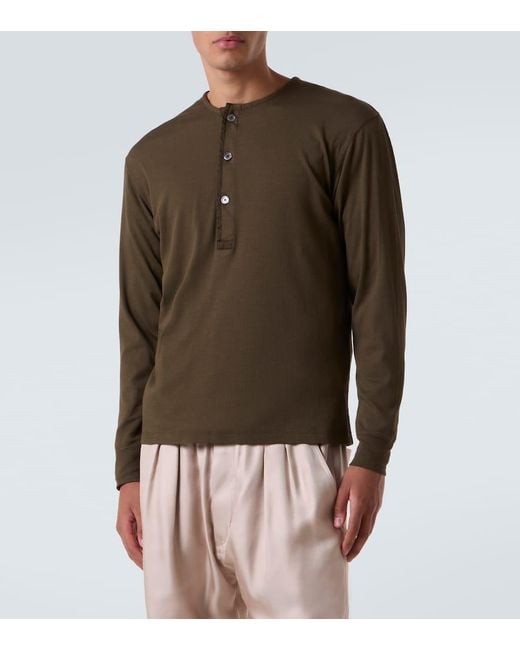 Tom Ford Green Ribbed-Knit Cotton-Blend Henley Shirt for men