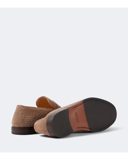 Brunello Cucinelli Brown Woven Suede Penny Loafers for men