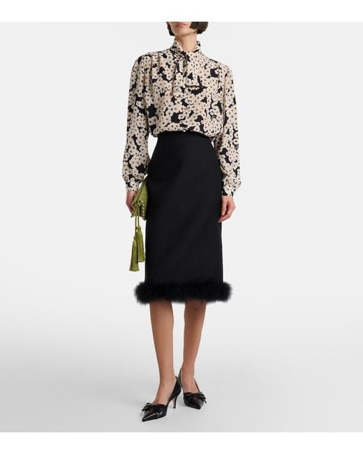Valentino Black Crepe Couture Feather-Trimmed Midi Skirt