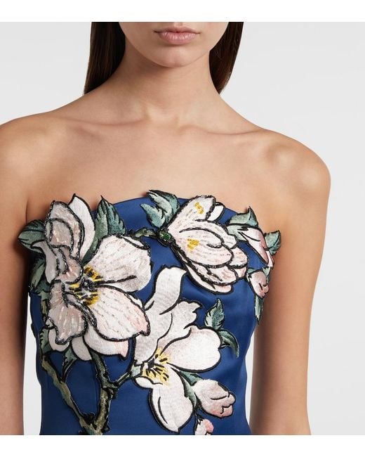 LEO LIN Blue Ava Floral-Applique Strapless Midi Dress
