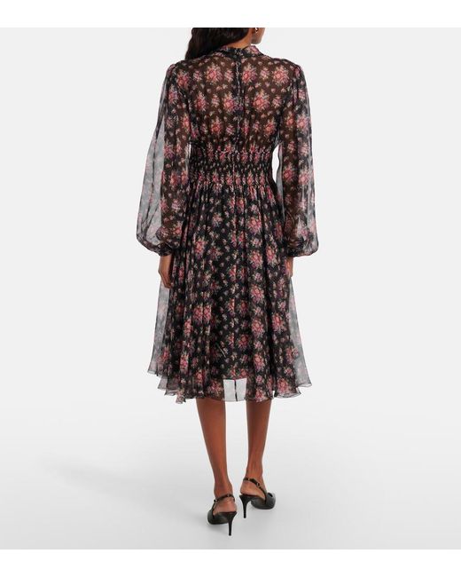 Dolce & Gabbana Black Floral Shirred Silk Midi Dress