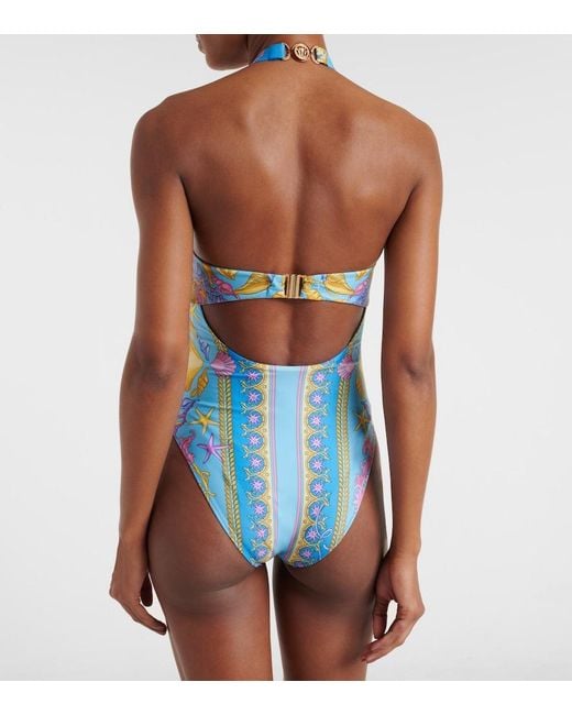 Versace Blue Printed Halterneck Swimsuit