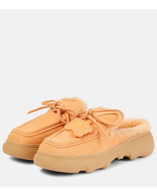 Burberry Orange Stony Faux Fur-lined Suede Mules