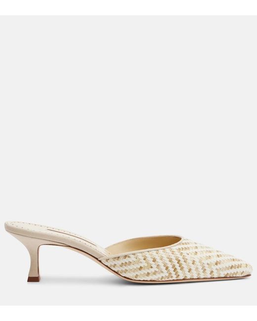 Manolo Blahnik Natural Carolyne Leather-Trimmed Woven Mules