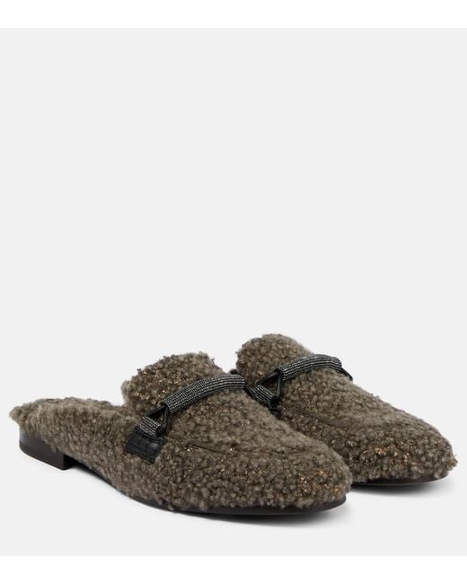 Brunello Cucinelli Brown Embellished Shearling Slippers
